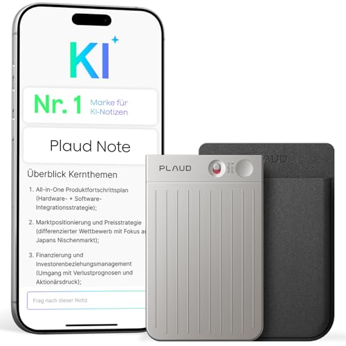 Plaud Note KI Digitales Diktiergerät mit Hülle - 64 GB Aufnahmegerät mit KI-Technologie zum Transkribieren und Zusammenfassen, One-Touch-Aufnahme (Silver Note mit schwarzer Hülle)