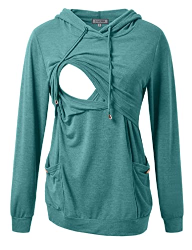 Image of GINKANA Womens Nursing Hoodie Top Sweatshirt Long Sleeve Button Decoration Pockets Shirts Tunic Top