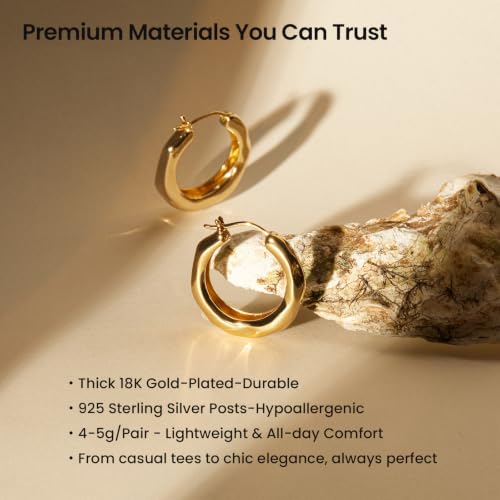 ARSIS 18K Gold-Plated Organic Textured Hoop Earrings for Women Lightweight, S925 Posts Hypoallergenic 20mm — view 2