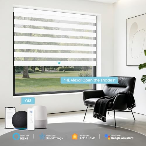 Image of Motorized Blinds with Remote Control 75% Blackout Electric Zebra Blinds for Windows Compatible with Alexa Google for Home Office White, Custom Sizes