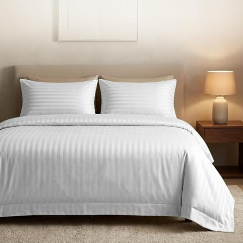 Image of Casabella Satin Stripe Duvet Cover Sets, Luxurious Single White Bedding with Stripes,Single Duvet Cover Set,Hotel Quality Single Duvet Set & Pillowcases,White Satin Stripe Single Bedding Sets