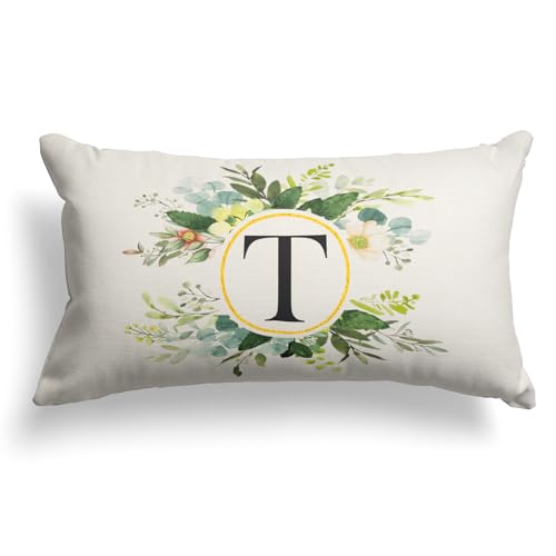 Snycler Monogram Letter T Throw Pillow Covers Floral 12x20 Inch, Greenery Spring Pillows Decorative Throw Pillows Pillowcase Summer Farmhouse Decor for Couch Sofa, Family Last Name Initial Pillow Case
