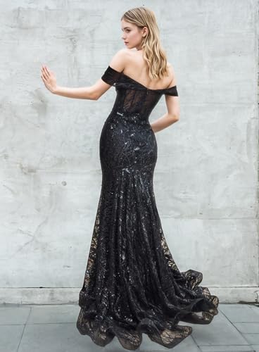 2025 Fashion Mermaid Trumpet Prom Dress Off-The-Shoulder Sleeveless Sweep Brush Train Lace Appliques Evening Dress3