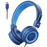 yoygerty USB C Kids Headphones for School, Upgrade USB Type C Kid Headphone, 94 dB Volume Limiter Wired On-Ear Headset for Kids Toddlers Children Teens Boys Girls-Navy