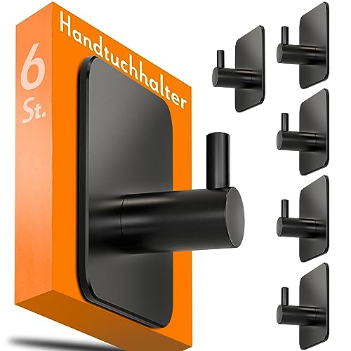 4smile Handtuchhalter ohne Bohren, 6er-Set, selbstklebende Handtuchhaken aus 304 Edelstahl, wasserdichte Klebehaken für Badezimme und Küche, 10 kg, schwarz Haken für Fliesen 1