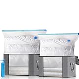 Housse de Rangement Sous Vide XXL, Kit de Rangement Grande Capacité - 2 Sacs Sous Vide, 2 Sacs de Rangement avec Poignées de Renforcement et 1 Pompe, pour Duvet Couette Oreillers Vêtements la Literie