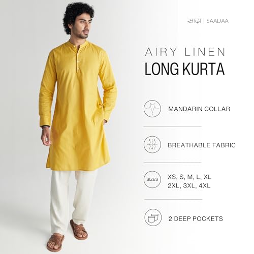 Image of SAADAA Men's Long Kurta - Linen Cotton Blend, Airy Fabric, Regular Fit, Mandarin Collar, Solid Color - Casual, Festive & Ethnic Wear