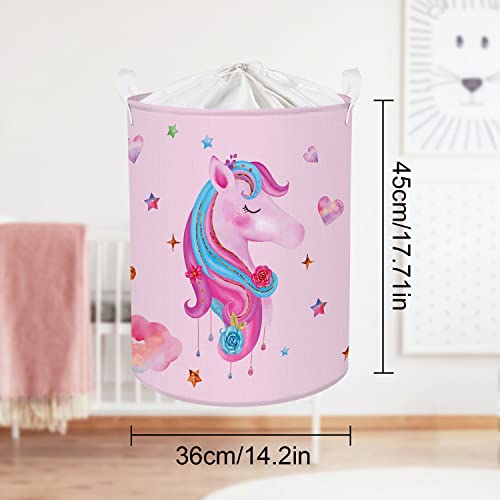 Clastyle 45L Pink Unicorn Kids Laundry Hamper Adorable Collapsible Laundry Basket With Drawstring Waterproof Toys Storage Basket With Handle, 14 * 17.7 In #TOP6