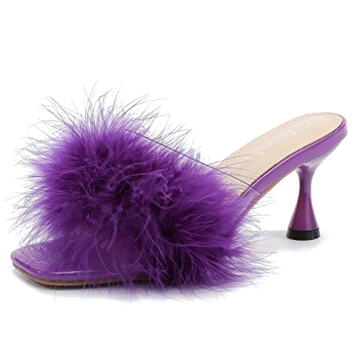 Women's Feather Mule Sandals, Kitten Heel, Square Open Toe, Slip On, Fluffy Fur Clear Strap Purple 36 - insole length: 23cm/9.06 inch - US 5.5