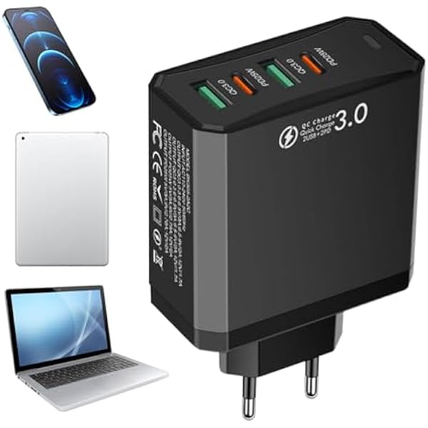 Europejska ładowarka - 2 porty USB + 2 PD | 4 w 1 wiele interfejsów QC3.0 Szybka ładowarka do podróży służbowych, nauki, rejsu, hoteli