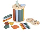 MATÉRIEL DE JEU : Contient neuf bâtons, huit plaquettes et six formes à trier, enficher et pour comparer les couleurs, les formes et les tailles