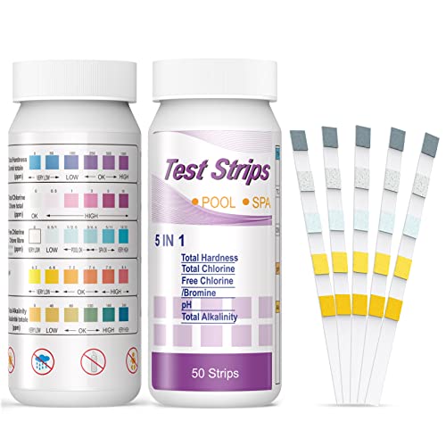 Homtiky Bandelettes de Test pour Piscine et Thermes, 5 en 1 Test de Qualité d'eau sur Chlore/Chlore Libre/pH/Alcalinité/Dureté du Liquide, Testeur de Chimie Générale 100 Pcs Cover