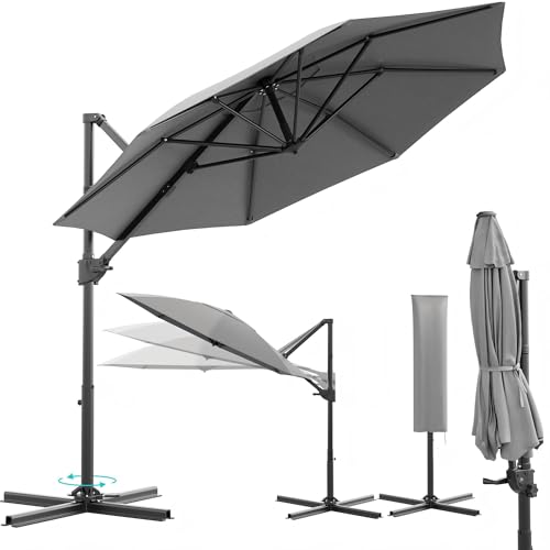 Devoko Ampelschirm 300 cm, Sonnenschirm für Garten & Terrasse, Gartenschirm mit UV-Schutz 30+, Windsicherung Marktschirm, 360° Drehbar, mit Kurbel und Schutzhülle, Grau