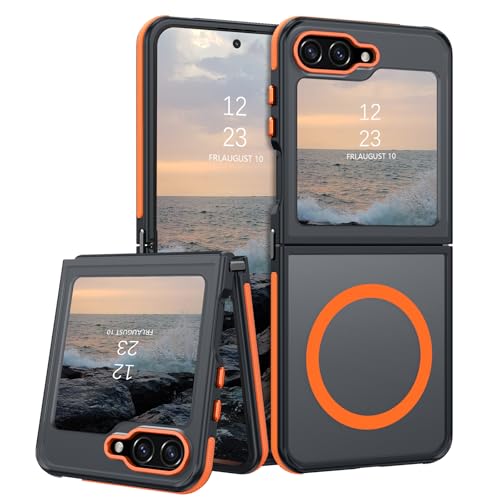 YINLAI for Samsung Galaxy Z Flip5 5G Case Compatible with Magsafe Samsung Z Flip5 5G Cases Magnetic Translucent Matte Slim Shockproof Protection Cover for Galaxy Z Flip5 5G 6.7 Black/Orange