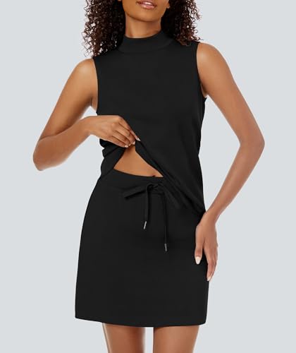 Two Piece Skirt Set for Women Sweatsuits Tennis Outfits Casual Mock Neck Sleeveless Top Elastic Short Skorts4