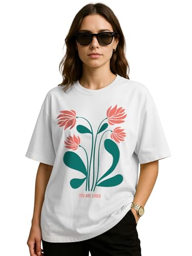 Image of JUNEBERRY 100% Pure Cotton Oversized Loose Baggy Fit Drop Shoulder Half Sleeve Round Neck Cool Front Teddy Printed Cork & White T-Shirt for Women /Girls (Available in from S to 2XL)