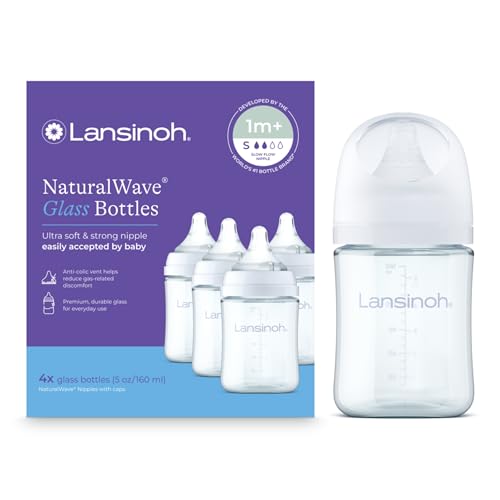 Image of Lansinoh Anti-Colic Glass Baby Bottles, White Collar, 5 Ounces, 4 Count