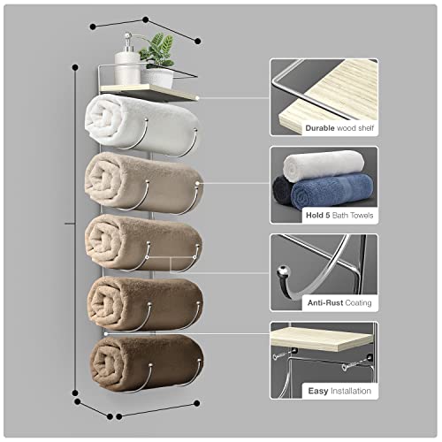 Sorbus Towel-Rack For Bathroom - Wall Mounted Metal Organization Rack With Wooden Top Shelf & 5 Tiers - Holds Full Sized Bath-Towels, Washcloths, Linens, & Hand-Towels - Easy Installation #TOP3