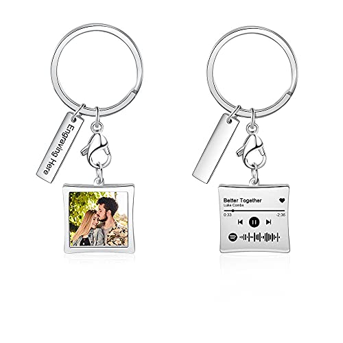 ALBERTBAND Porte-Clés Photo Pour Femmes Porte-Clés Personnalisés Chanson Musicale Scannable avec Code Spotify Texte Gravé Porte-Clés en Argent Cover