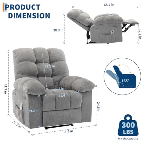 Image of Massage & Heating Recliner Chair for Adults, 150 Manual Oversized Recliner with Extra Wide Plush Seat, Overstuffed Comfortable Single Sofa for Living Room Bedroom Home Theater,Gray
