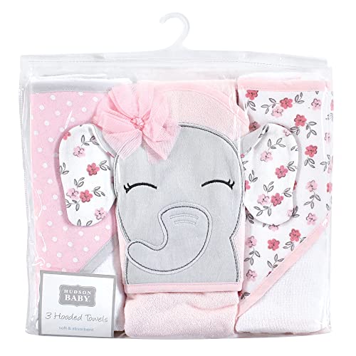 Image of Hudson Baby Unisex Baby Cotton Rich Hooded Towels, Floral Pretty Elephant, One Size