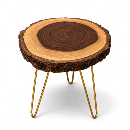 Image of Antique Wooden End Table for Living Room, Natural Bark Edge Side Table with Foldable Metal Legs, Rustic Plant Stand for Bedroom, Balcony & Corner Decor, 10-11 Inch Top x 12'' Height