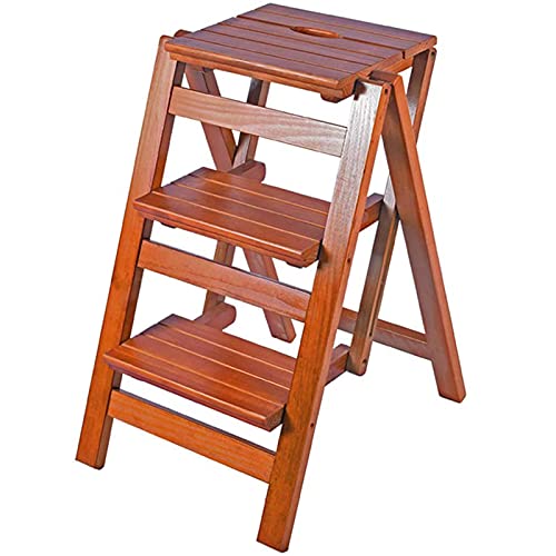 Taburete plegable de 3 niveles con estantería, silla de escalera, asiento de silla alta, escalera para cocina y jardín, color madera.