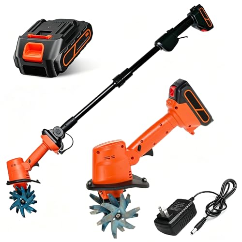 Mini cultivateur électrique 2-en-1, rotavator de jardin électrique avec perche télescopique, profondeur de labour de 10 cm et largeur de travail de 10 tiller + extension pole + 1 battery + 1 charger