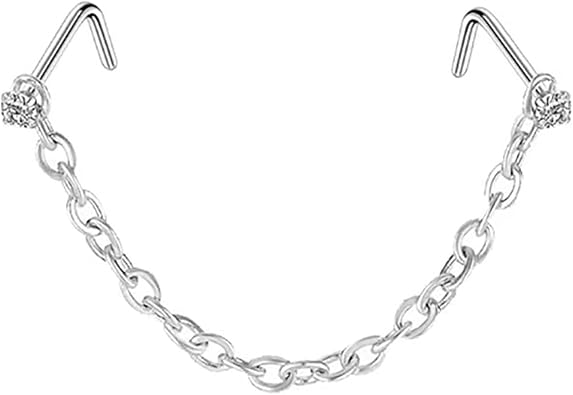Grade 23 Titanium Bone Straight/L Shaped/Screws Nose Studs 20G/18G Tiny 2pcs and Chain Nose Rings Hypoallergenic G23 Nostril Piercing Jewelry for Women Men 3mm CZ Chain Length 32mm 40mm 50mm