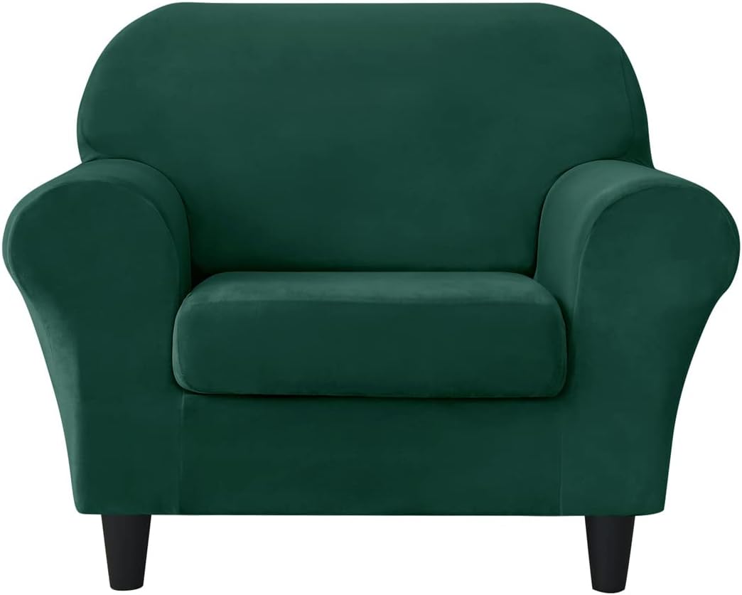 SYLC 2 Pieces Armchair Sofa Cover, Sofa Slipcover 1 Seater with 1 Separate Seat Cushion Cover, Furniture Protector Collection Split Set Stretch Velvet (Dark green)