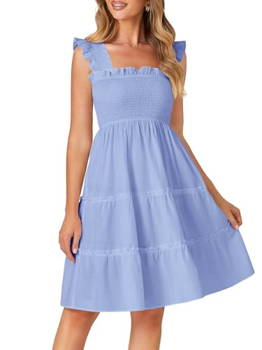 Image of Rooscier Women's Square Neck Smocked Ruffle Sleeveless Tiered A Line Sundress Mini Dress