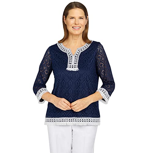 Image of Alfred Dunner Women's Petite Lace Fringe Diamond Textured Knit Top
