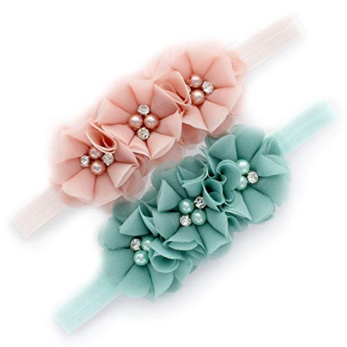 My Lello Girls Flower Headbands Toddler Fabric Beaded Trio Stretchy Elastic Pair (Pink Blush/Mineral Ice)
