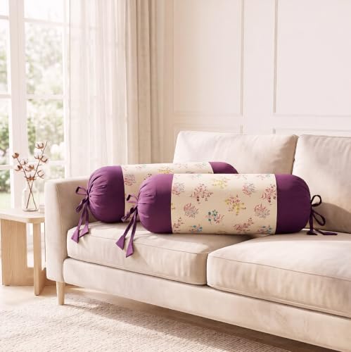 Image of SAJAVAT HOME Bolster Cover Pack of 2 | Printed Side Pillow Covers for Sofa, Bed & Diwan | 32x15 Inch Round Pillow Covers with Adjustable Ties (Purple Berry)