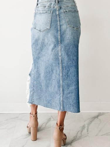 Women Asymmetrical Distressed Denim Skirt High Waist Buttoned Jean Skirt Slit Long Western Denim Skirts with Pockets2