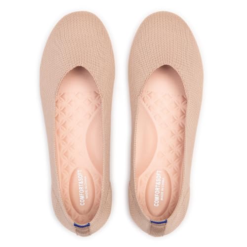 Frank Mully Women's Knit Ballet Flat Round Toe Flat Shoes Slip On Classic Low Wedge Ballerina Shoes, Ecru,7.5
