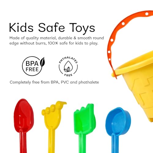 Image of Kids Beach Sand Toy Set - Castle Bucket with Shovels, Rake & Sea Animal Moulds (Crab, Turtle, Starfish, Shell) Pack of 12 | Outdoor Summer Sand Play Kit for Toddlers