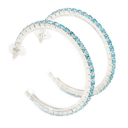 60mm D/Open Light Blue Crystal Hoop Earrings - Large Size