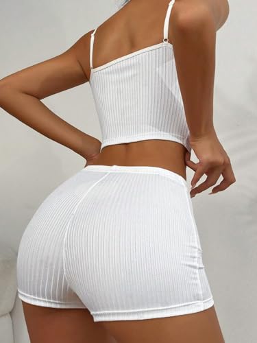 Image of Hilinker Womens Graphic 2 Piece Pajama Set Summer Cute Crop Cami and Shorts Ribbed Lounge Sets