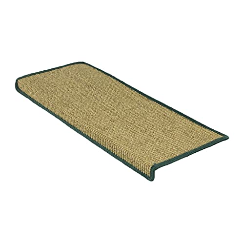 FLODI. Pure Nature Sisal Stair Treads with Cotton Border, Set of 15 Pieces, Anti Slip Self Adhesive Staircase Carpet Pads (Green, Rectangular - 23 x 65 cm)