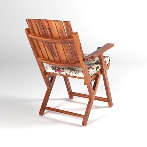 Image of Sheesham Wooden Brown Color with Printed Cushion Portable Foldable 4 Seater Chair with Table Set Outdoor Balcony Garden Coffee Table Set Furniture