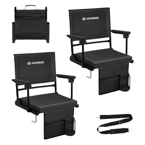 ADVENOR Portable Stadium Seat with Back Support for Bleacher -2 Pack,17.3‘’ Wide, Adjustable 6 Reclining Position, Thick Padded Cushion Ideal for Basketball Soccer Sport Events (2, Black, Regular)