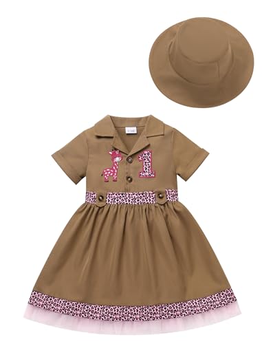 IDOPIP Baby Girls Wild Jungle Safari 1st Birthday Outfit Toddler Leopard Giraffe Tutu Dress with Hat Clothes for Photo Shoot