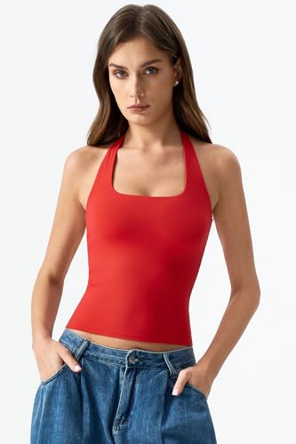 Image of QINSEN Womens Halter Top Double Lined Tank Top Sleeveless Open Back Slim fit Going Out Tops