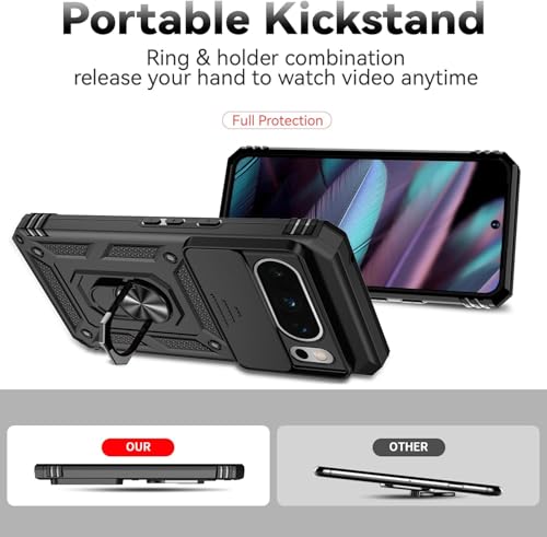 Image of Scalebee Google Pixel 8 Pro Case Cover, Black | Heavy Duty Rugged Armor, Slide Camera Shield, 360 Rotated Ring Kickstand, Slim Fit Shockproof Bumper
