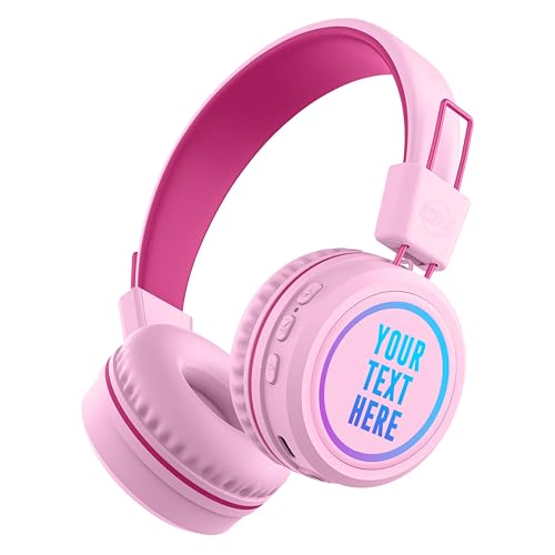 Image of MEE audio KidJamz KJ55BT Personalized Bluetooth Wireless Safe Listening Headphones for Kids w /Custom LED-Backlit Design, Volume Limiter, Mic; Kids Headset for School /iPhone /iPad /Tablet (Pink)