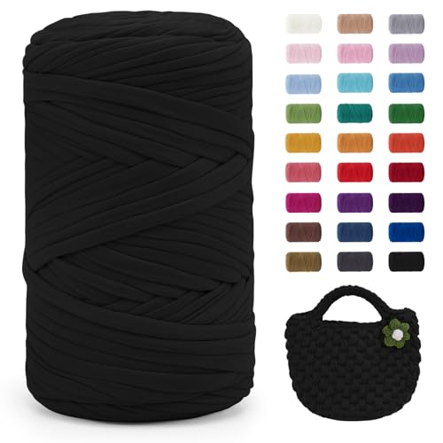 Image of JeogYong T-Shirt Yarn, 400g/131 Yards Elastic Fabric Crochet Cloth T Shirt Yarn, Thick Hand Knitting Yarn for Crocheting Bags/Baskets/Rugs, Home Decor, DIY Crafts (Black)