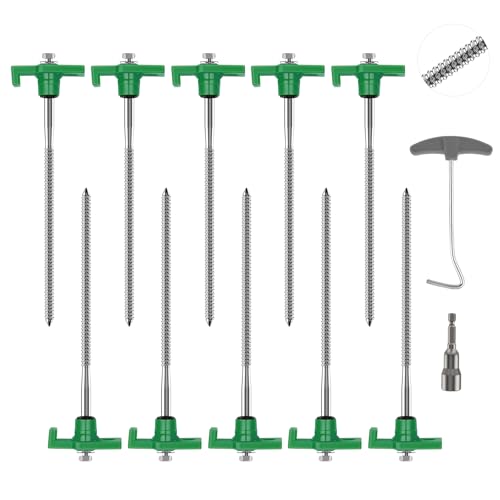 Owfeel 10 Pcs Screw-in Tent Stakes Heavy Duty - 8 Inch Metal Spiral Camping Tent Pegs Ground Spikes with Hex Driver & Remover Tool, Ground Anchors for Canopies, Tents, Patio, Garden, Outdoor, Sand