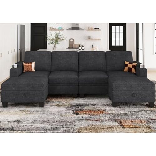Belffin Modular Sectional Sofa with Storage - U Shaped 6-Seater Modular Couch for Living Room. Sectional Sofa with Chaise and Cup Holder - Dark Grey D