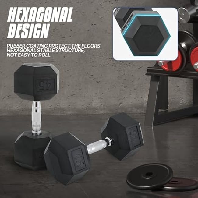 MADOG Hex-Dumbbell, Rubber Coated Cast Iron Dumbbell, Hand Weights With Anti-Slip Grip, 30-50 LBS, Single